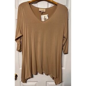 Antthony Originals Womens 3X Tan V Neck 3/4 Sleeve Asymmetrical Hem Tunic Top